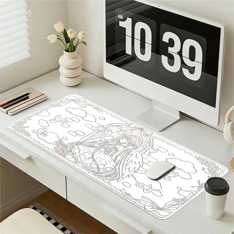 Leather Desk Pad - レザーマウスパッド、天使の女の子が描かれたデスクマット、ヴィンテージアニメマウスパッド、ピンクの女の子マウスパッド装飾、滑り止めマウスパッド