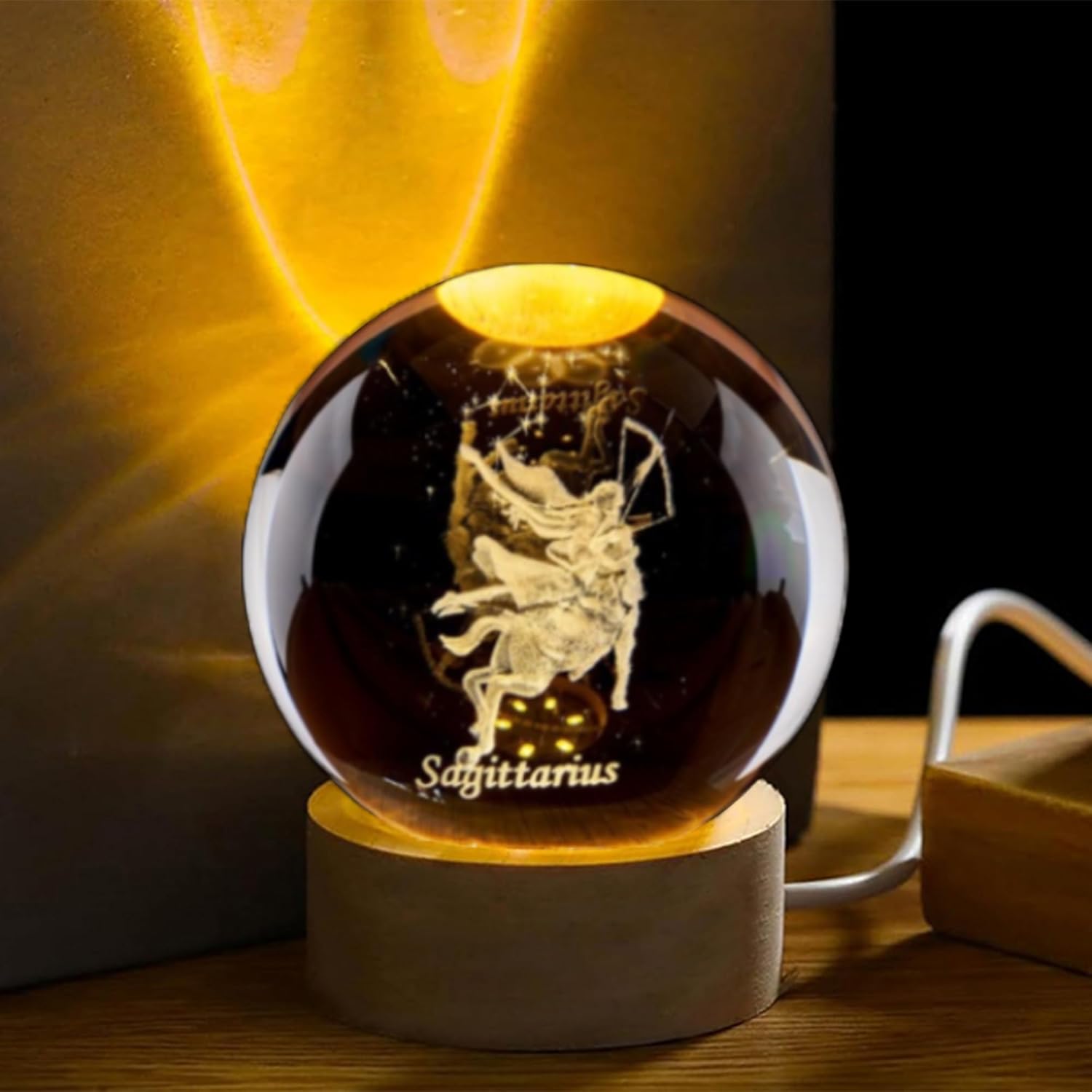 3D 射手座クリスタルボール 木製ライトベース付き 星座ガラ - Paper Weight Crystal のレビューと価格